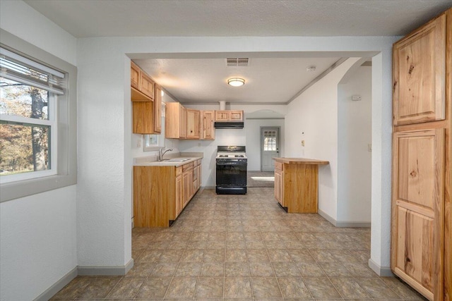 kitchen with light brown cabinets, sink, a healthy amount of sunlight, and black range with gas cooktop