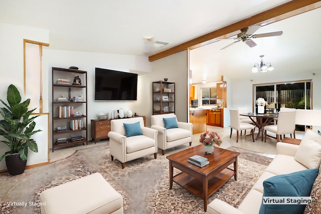 living room with ceiling fan with notable chandelier and vaulted ceiling