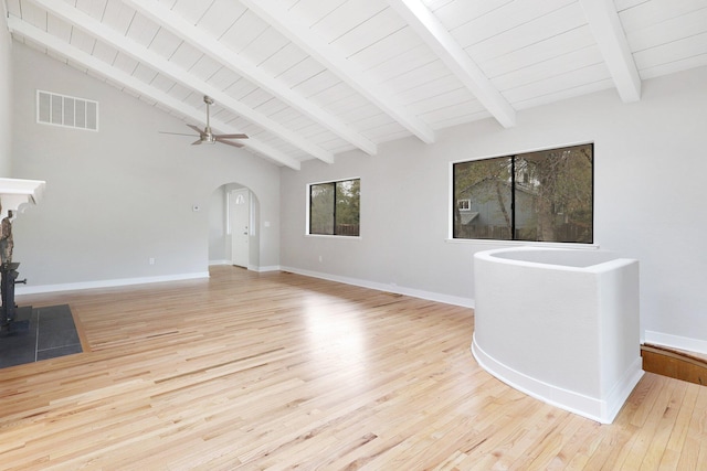 unfurnished living room featuring vaulted ceiling with beams, light hardwood / wood-style floors, wooden ceiling, and ceiling fan