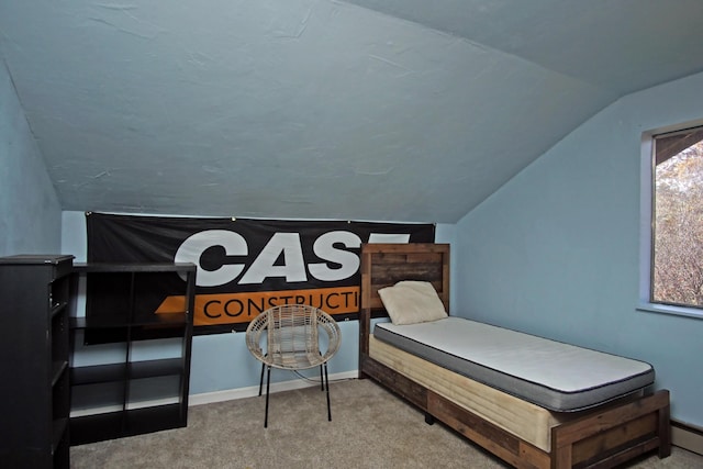 bedroom featuring lofted ceiling, carpet floors, and a baseboard heating unit