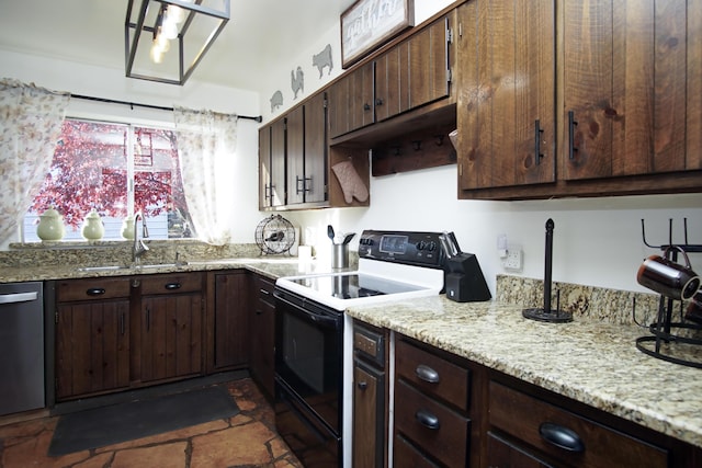 kitchen with electric stove, sink, stainless steel dishwasher, light stone counters, and dark brown cabinetry