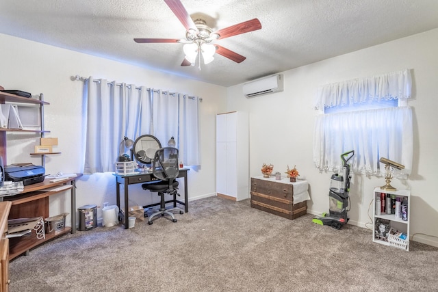 carpeted office space featuring ceiling fan, an AC wall unit, and a textured ceiling