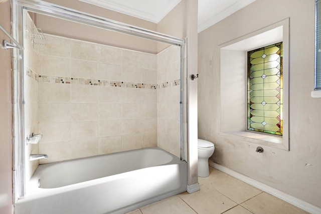 bathroom featuring shower / bathtub combination, toilet, tile patterned floors, and ornamental molding