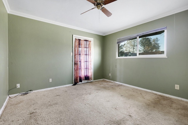 unfurnished room with ceiling fan, ornamental molding, and carpet floors