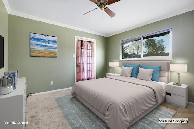 bedroom featuring ceiling fan and ornamental molding