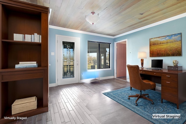 home office with ornamental molding, hardwood / wood-style floors, and wood ceiling