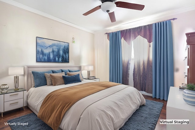 bedroom featuring crown molding, dark wood-type flooring, and ceiling fan