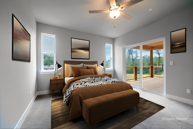 carpeted bedroom with ceiling fan and access to exterior