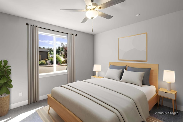 bedroom featuring carpet flooring and ceiling fan