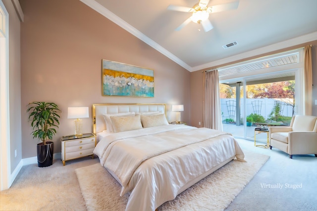 bedroom featuring lofted ceiling, ceiling fan, access to exterior, ornamental molding, and light carpet