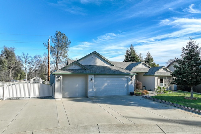 ranch-style home with a garage and a front lawn