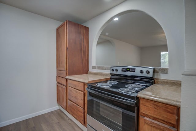 kitchen featuring light hardwood / wood-style flooring and stainless steel electric range