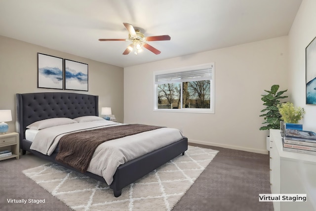 carpeted bedroom with ceiling fan