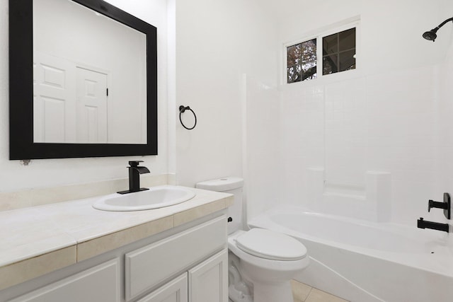 full bathroom with shower / tub combination, tile patterned flooring, vanity, and toilet