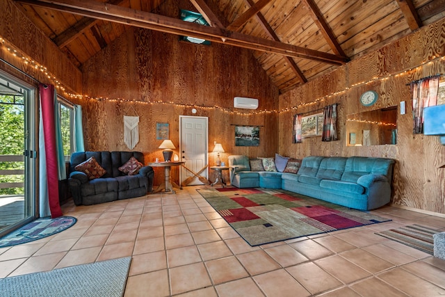 living room featuring wooden walls, high vaulted ceiling, beamed ceiling, wooden ceiling, and tile patterned flooring