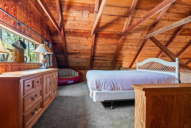 unfurnished bedroom with vaulted ceiling with beams, wood walls, carpet floors, and wooden ceiling