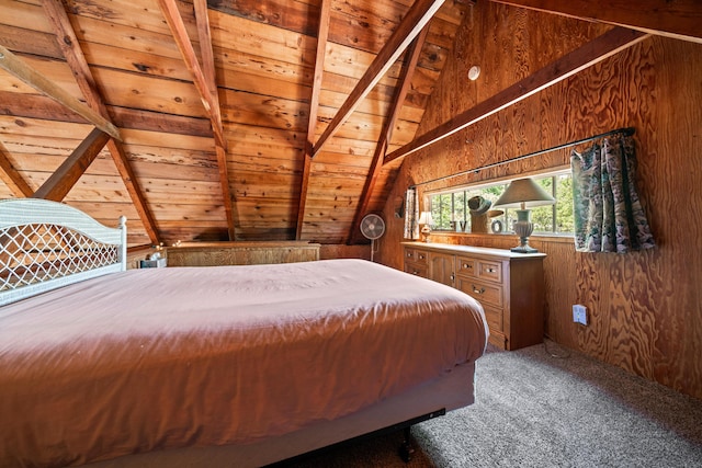 carpeted bedroom featuring vaulted ceiling with beams, wooden ceiling, and wooden walls