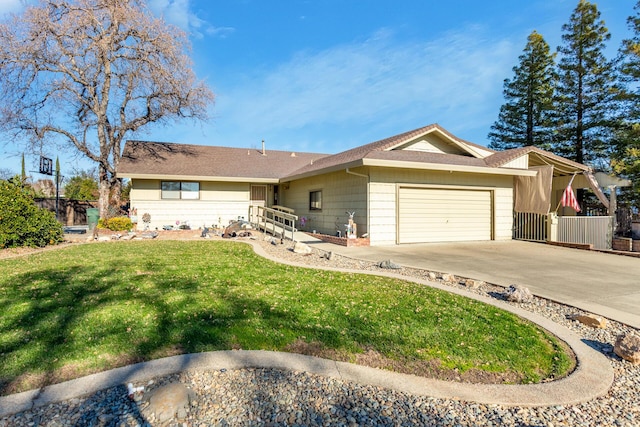 single story home featuring a front yard and a garage