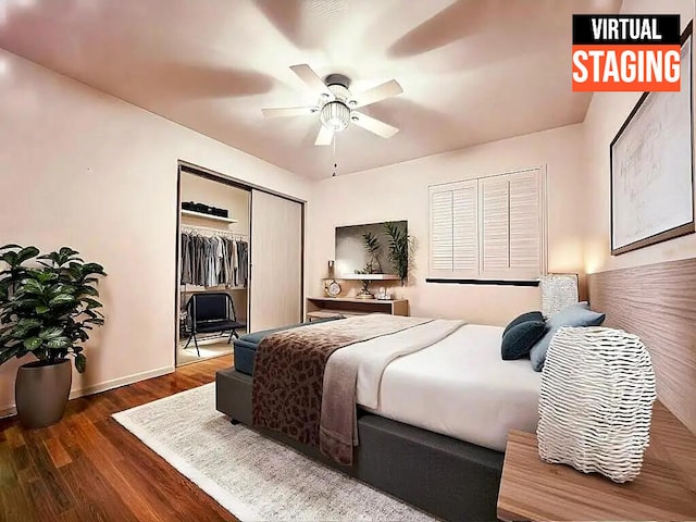 bedroom with ceiling fan and dark hardwood / wood-style flooring