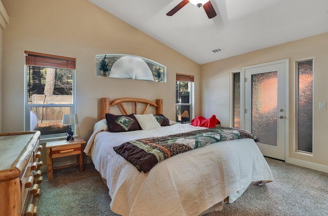 carpeted bedroom with access to outside, vaulted ceiling, and ceiling fan