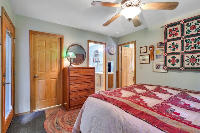 bedroom featuring ceiling fan and connected bathroom