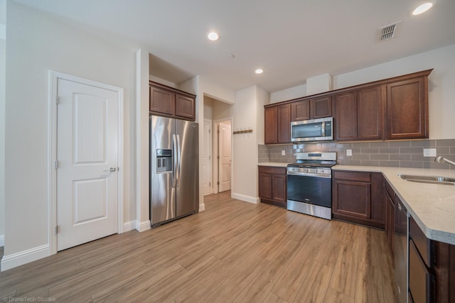 kitchen featuring decorative backsplash, light wood-type flooring, stainless steel appliances, and sink