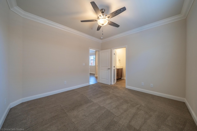 unfurnished bedroom with ceiling fan, ensuite bathroom, ornamental molding, and light carpet