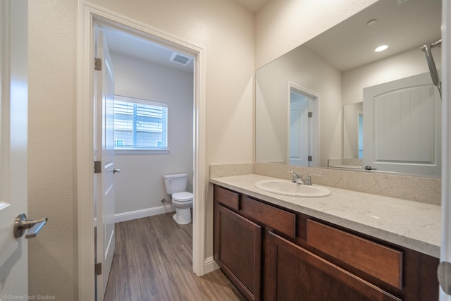 bathroom featuring vanity, toilet, and wood-type flooring