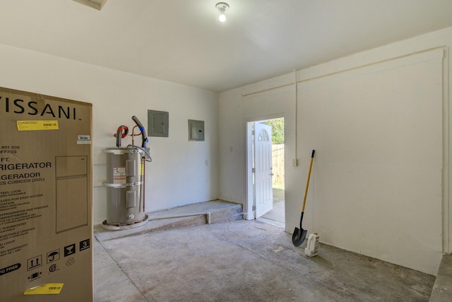 interior space with electric panel, water heater, and concrete floors