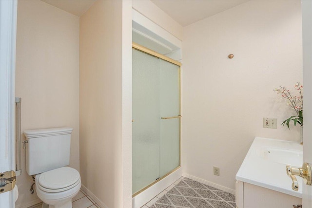 bathroom with tile patterned flooring, vanity, an enclosed shower, and toilet