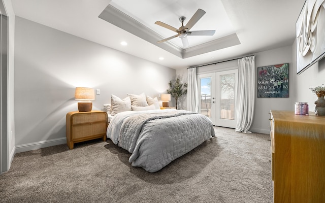 carpeted bedroom with french doors, access to outside, a raised ceiling, ceiling fan, and crown molding