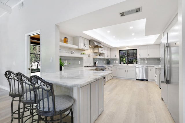 kitchen with wall chimney range hood, kitchen peninsula, a breakfast bar area, white cabinets, and appliances with stainless steel finishes