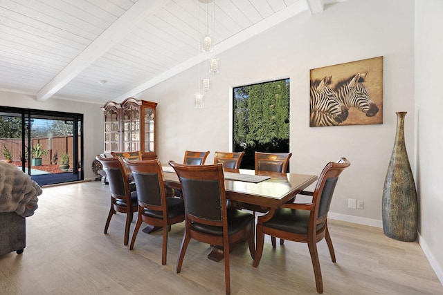 dining area featuring lofted ceiling with beams, wooden ceiling, and light hardwood / wood-style flooring