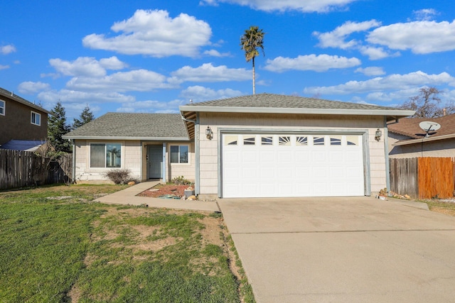 single story home featuring a garage and a front yard