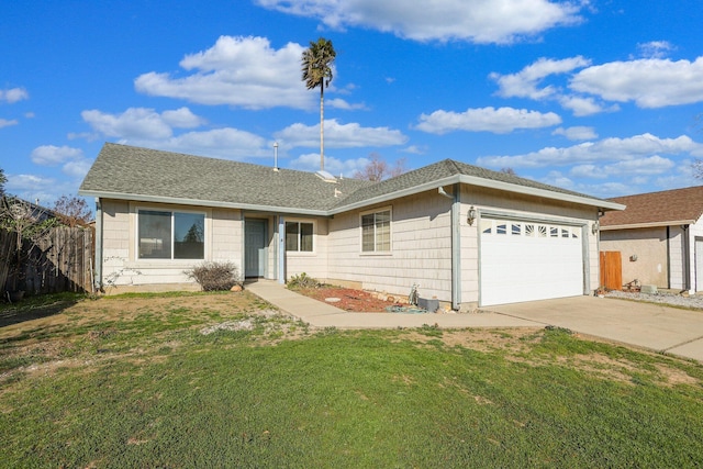 ranch-style house featuring a garage and a front lawn