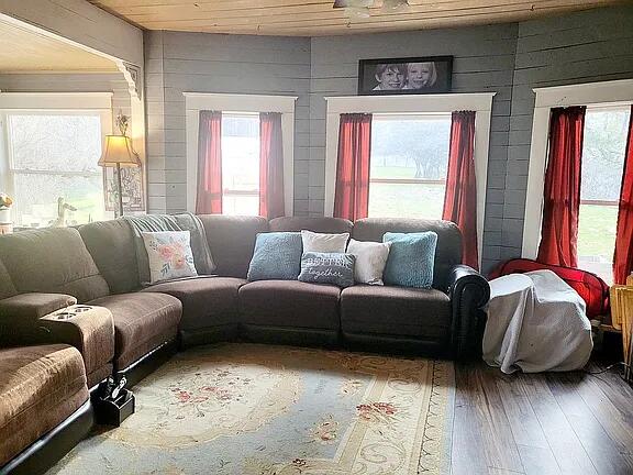 living room featuring wooden walls, wood ceiling, and wood-type flooring