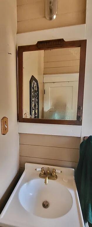 bathroom featuring wooden walls and sink