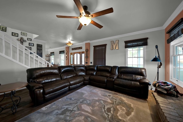 living room featuring hardwood / wood-style floors, ceiling fan, and ornamental molding