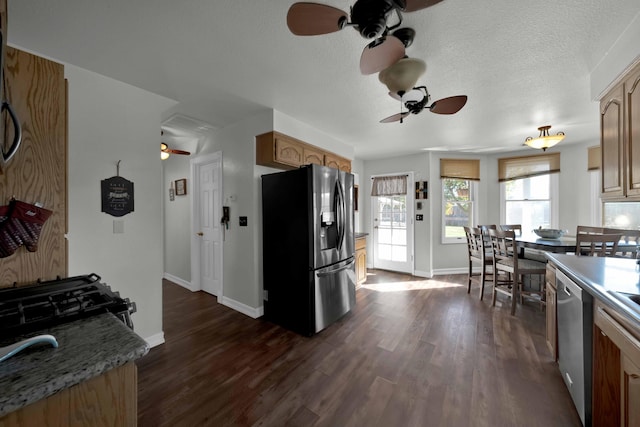 kitchen featuring dark hardwood / wood-style floors, ceiling fan, a textured ceiling, and appliances with stainless steel finishes