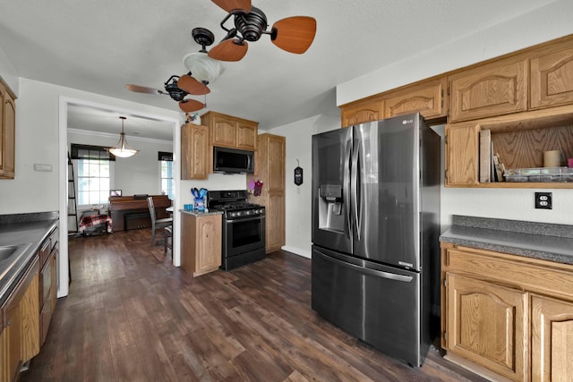 kitchen with range with gas cooktop, ceiling fan, dark wood-type flooring, decorative light fixtures, and stainless steel fridge with ice dispenser