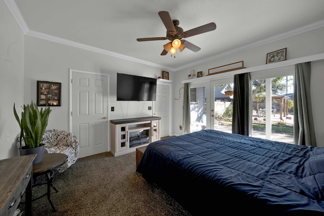 bedroom with dark carpet, ceiling fan, and crown molding