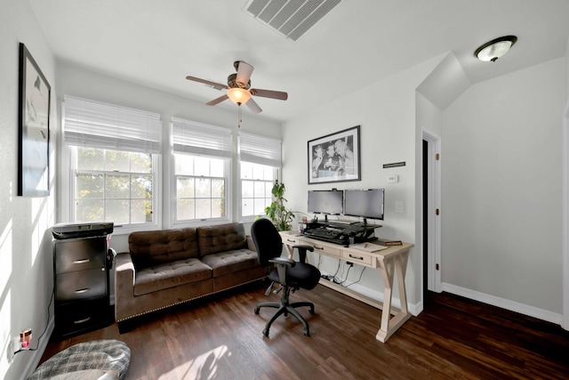 home office featuring dark hardwood / wood-style floors and ceiling fan