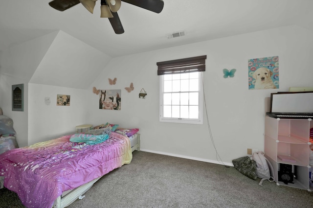 carpeted bedroom featuring ceiling fan and lofted ceiling