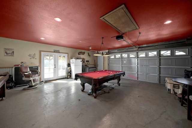 rec room featuring french doors, a textured ceiling, and billiards