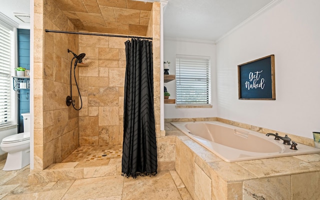 bathroom with crown molding, toilet, and shower with separate bathtub