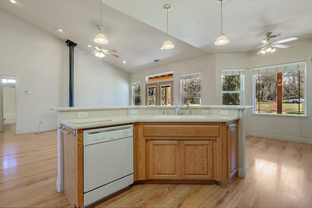 7899 Elmers Way, Shingletown, CA 96088 - kitchen featuring dishwasher, a ceiling fan, a sink, light wood-style floors, and lofted ceiling