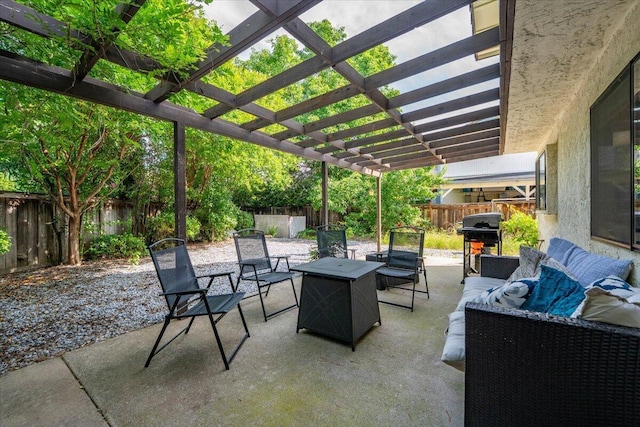711 Teakwood Dr, Redding, CA 96003 - fenced backyard featuring an outdoor hangout area, grilling area, a pergola, and a patio