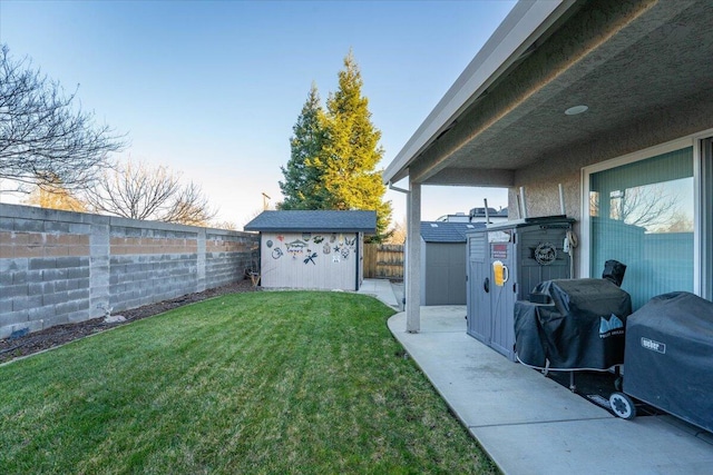 view of yard with a storage shed