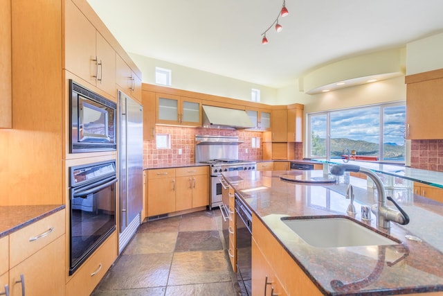 kitchen with dark stone counters, sink, black appliances, and range hood