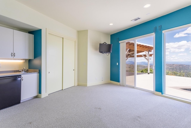 interior space featuring sink and light colored carpet